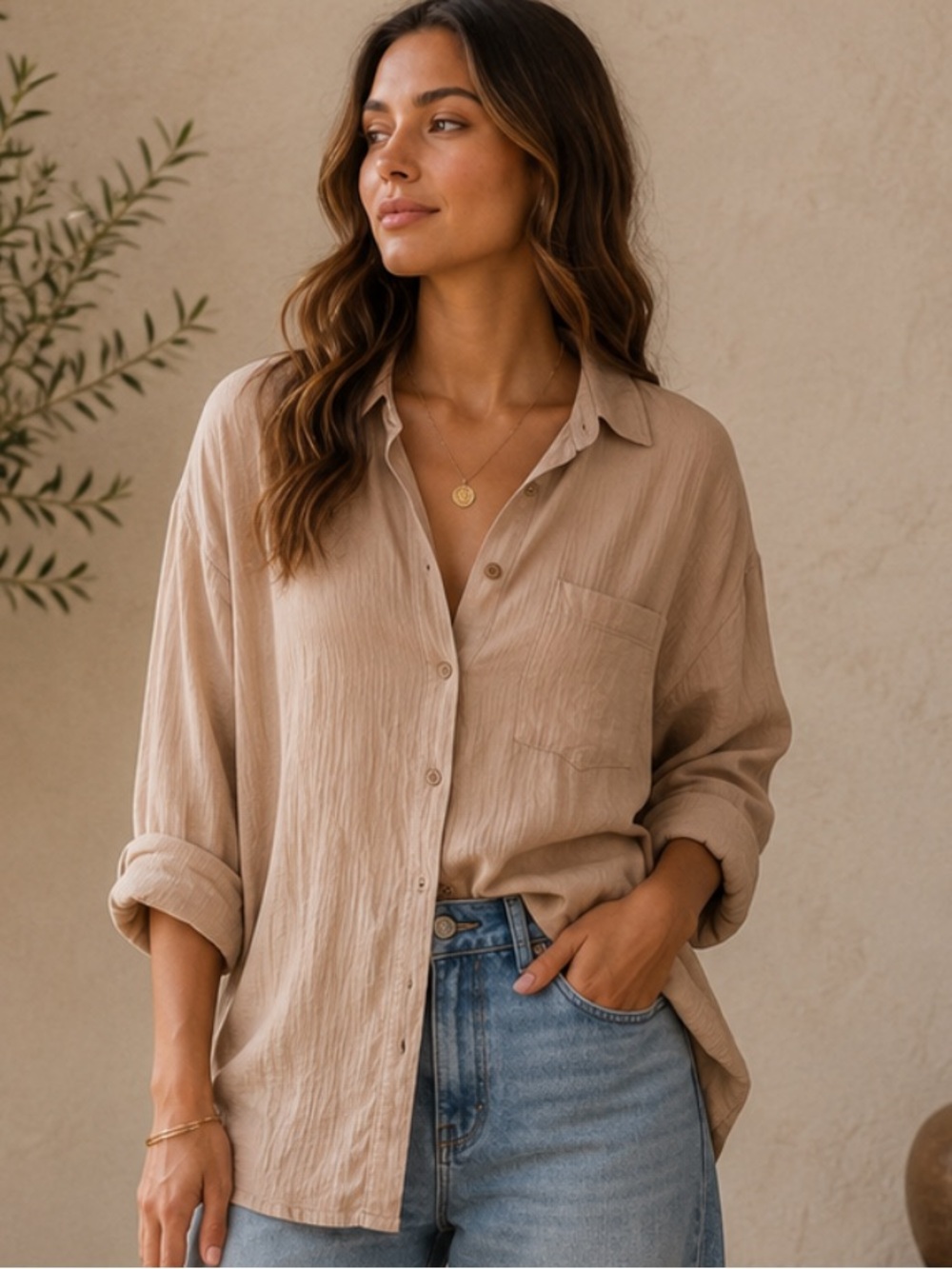 Cotton Gauze Relaxed Button-Up Shirt - Beige